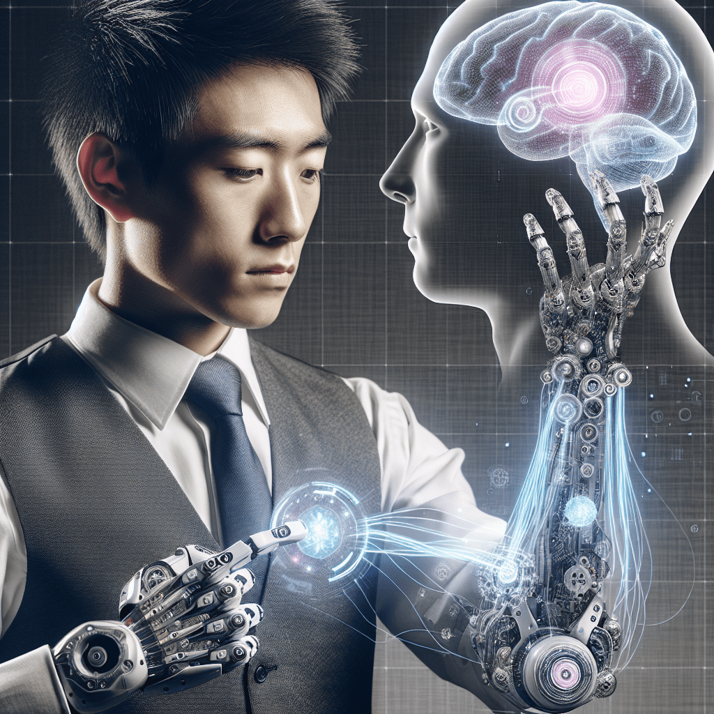 Create an image that captures the theme of empowerment and technological sophistication through photorealism. Show an Asian male using a sophisticated