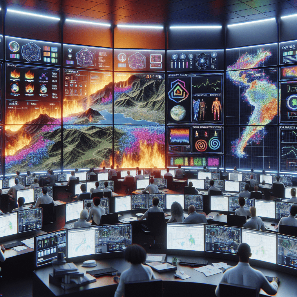 A photorealistic depiction of a cutting-edge artificial intelligence control center in the midst of handling a wildfire crisis. The room is filled wit