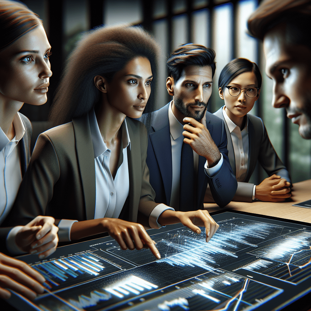 A photorealistic image of a group of business professionals from varying descents. This gathering includes a Caucasian male, a Black female, a Hispani