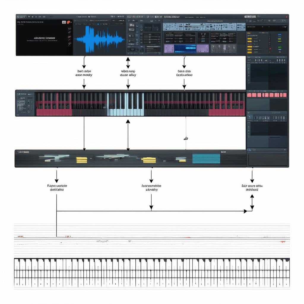 Visualize the collaborative process between AI and artists in music production through an illustrative diagram, showing - AI-Powered Creativity: Writing, Music, and Art