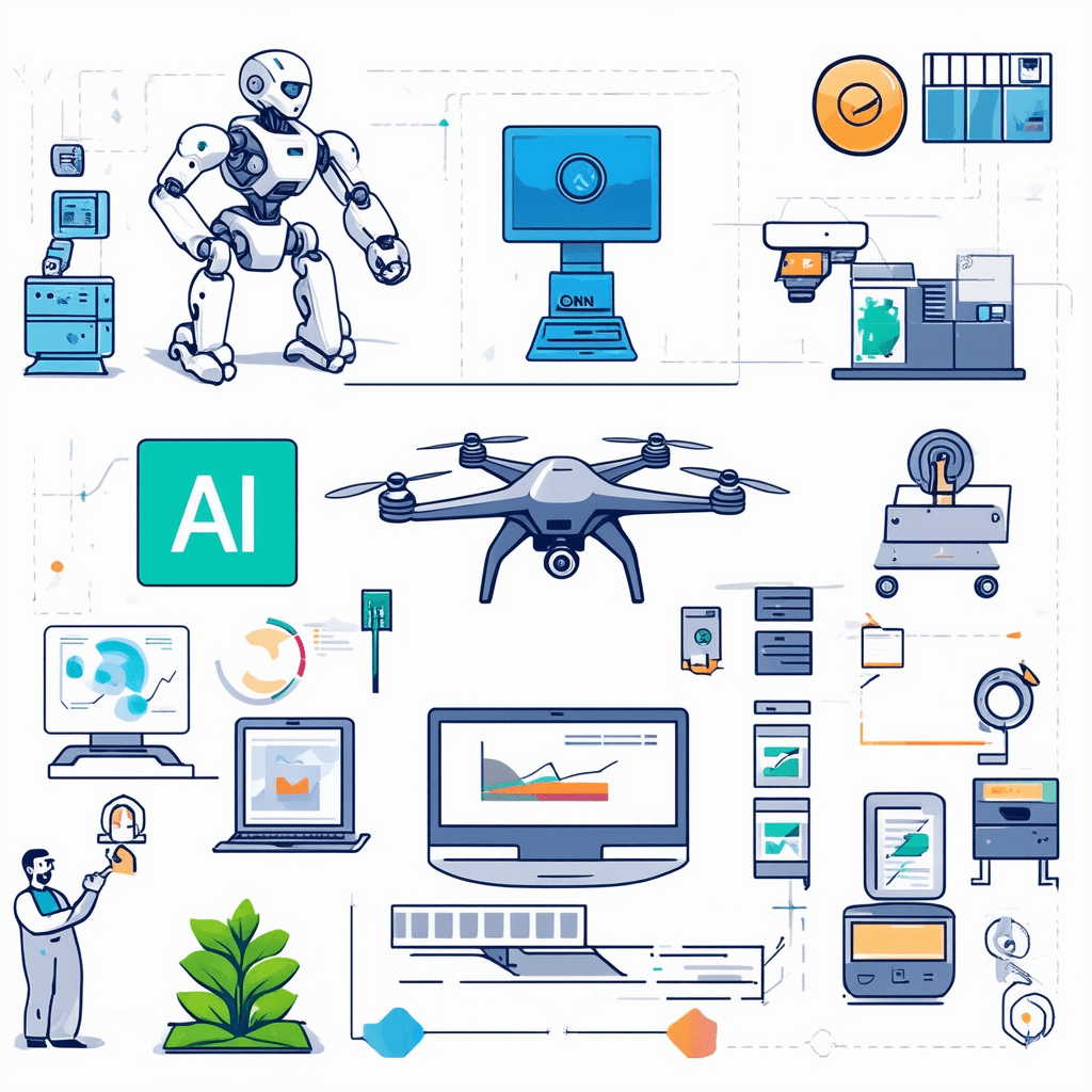 Design an image showcasing various AI technologies and their applications across different industries. Feature elements - AI and Robotics: The Future of Automation