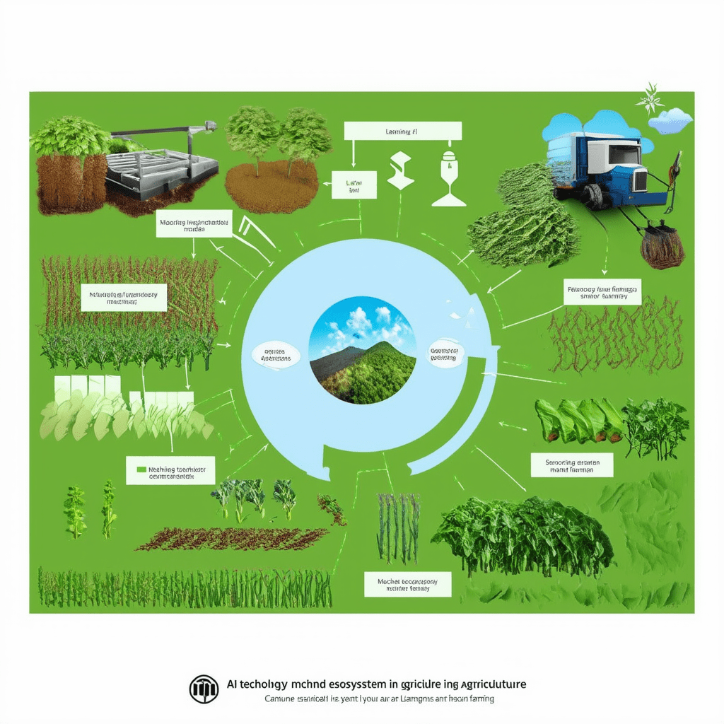 Design a visual diagram showing the AI technology ecosystem in agriculture, including data analytics, machine learning m - AI in Agriculture: Smart Farming Solutions