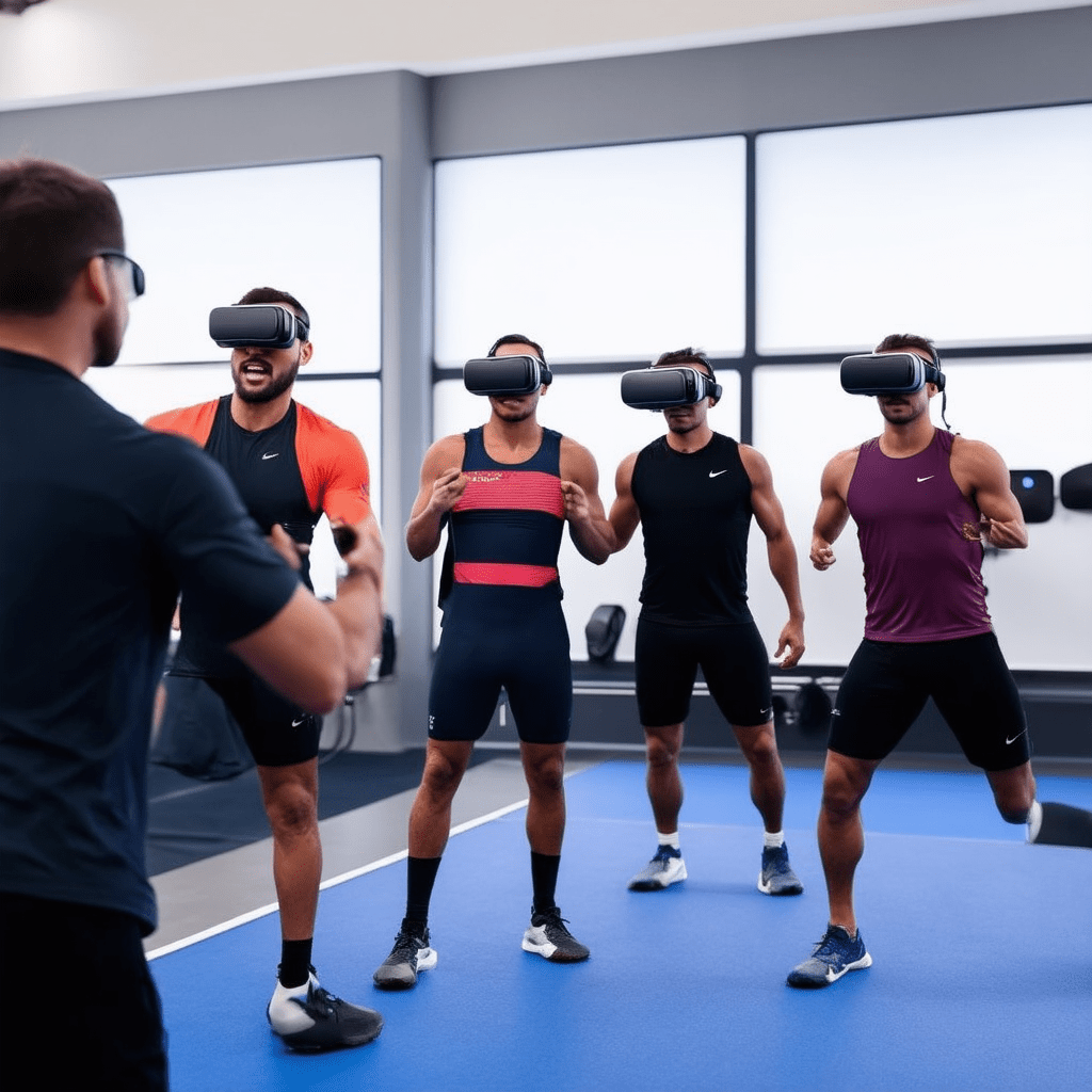 Create an image depicting AI and VR technology being used in athlete training sessions, showcasing athletes wearing VR h - AI in Sports: Performance Analysis and Training