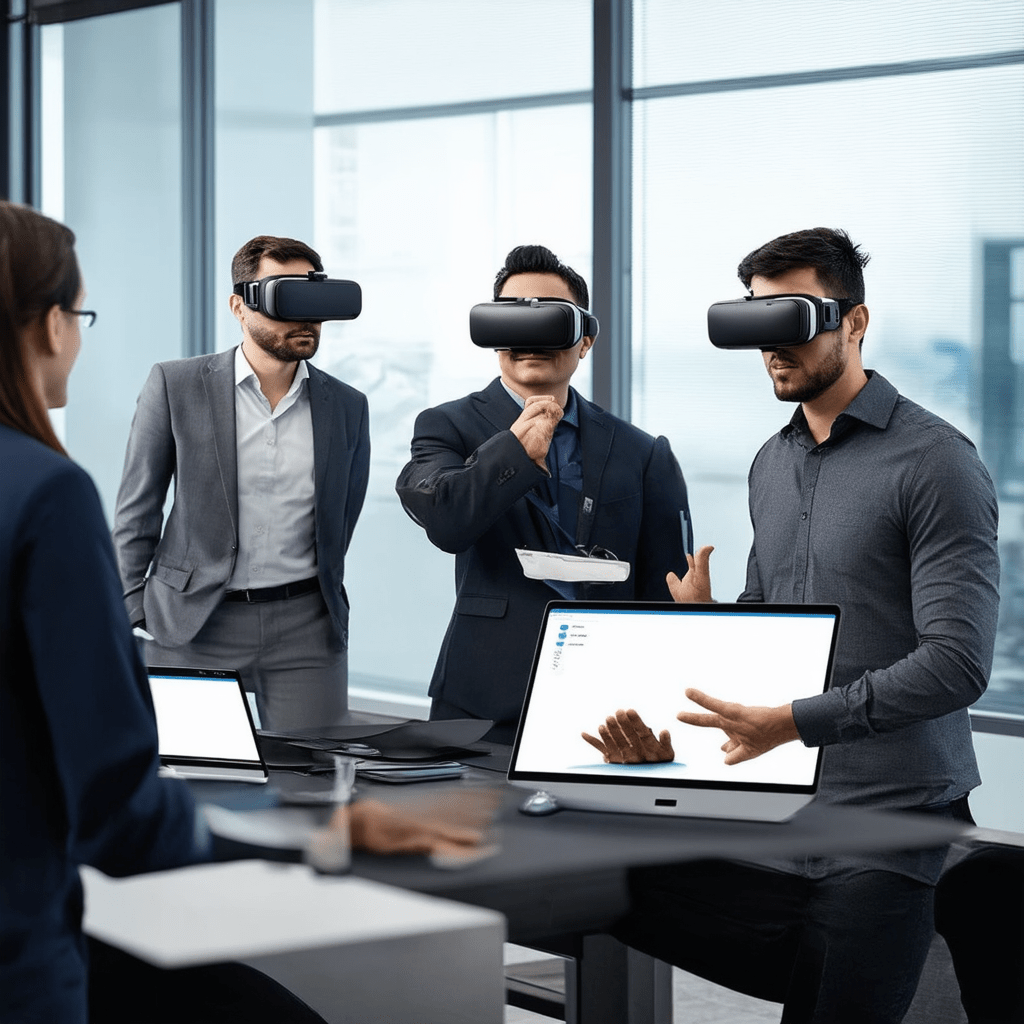 Design an image showcasing AI-powered VR training in action within a corporate setting, featuring employees interacting - Best AI Tools for Productivity in 2025