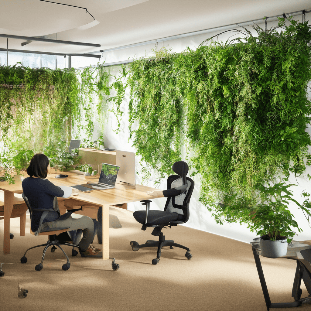Generate a photorealistic image showcasing a modern workspace with biophilic design elements such as indoor vertical gar - Biophilic Design: Integrating AI and Nature for Sustainable Living Spaces