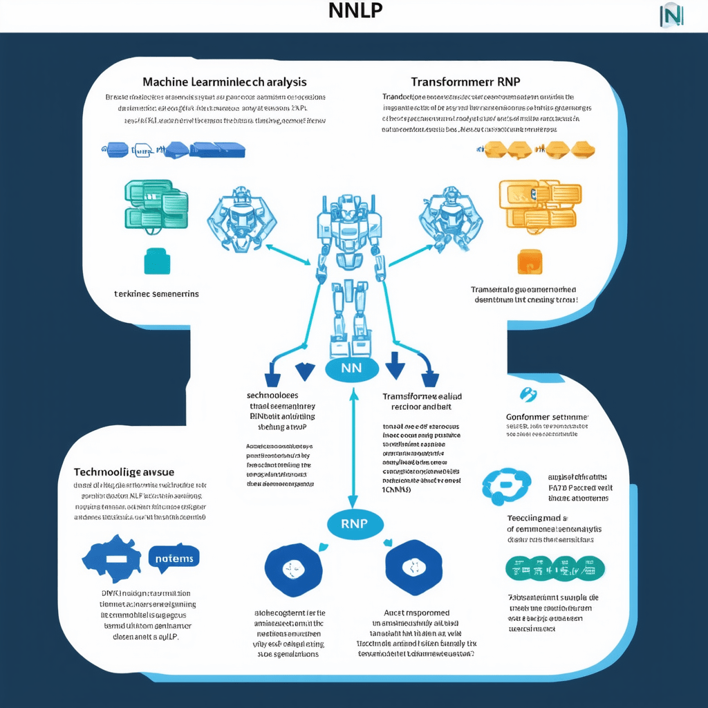 Create an infographic illustrating the intersection of machine learning and NLP, showcasing key technologies like RNNs, - Exploring Natural Language Processing (NLP)