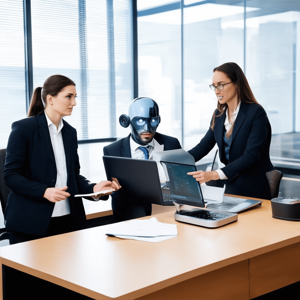 Design an image showcasing the interaction between lawyers and AI technology, highlighting collaboration and efficiency - How AI is Changing the Legal Industry