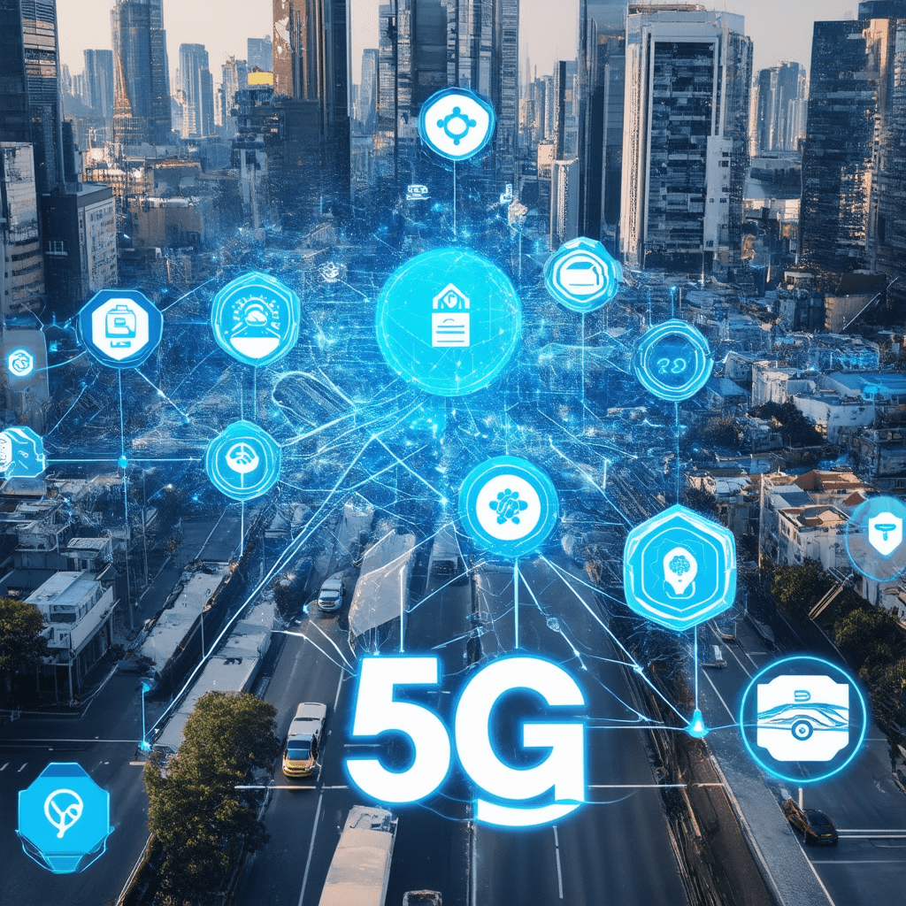 A visionary tableau of a city interconnected by 5G networks, showcasing diverse technologies like IoT devices and autono - The Biggest Tech Trends to Watch in 2025