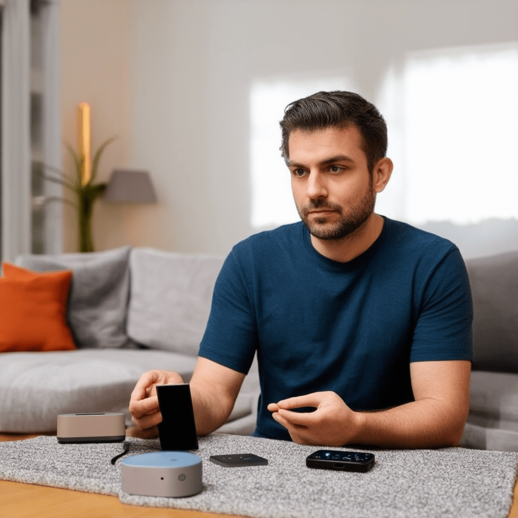 Close-up of a journalist testing various smart home devices in a modern living room, reflecting a blend of curiosity and - The Biggest Tech Trends to Watch in 2025