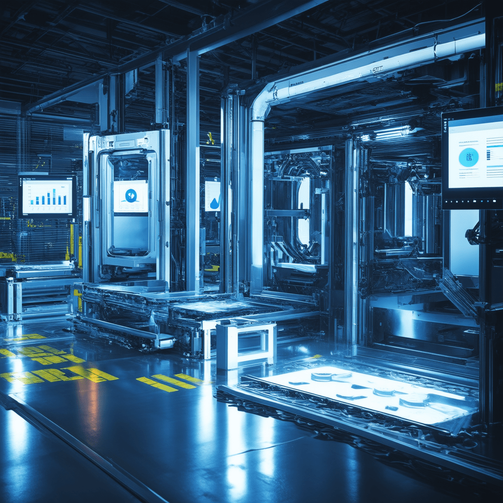 A futuristic manufacturing facility showcasing AI-driven machines optimizing efficiency and productivity, with data anal - The Economic Implications of AI-Driven Automation in Manufacturing