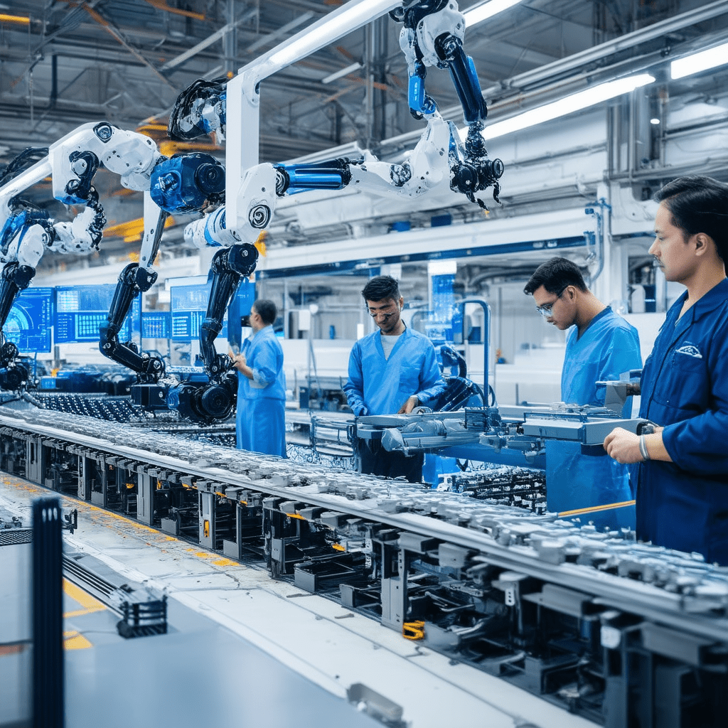 A modern manufacturing facility with robotic arms and AI-driven machines working alongside human operators on an assembl - The Economic Implications of AI-Driven Automation in Manufacturing