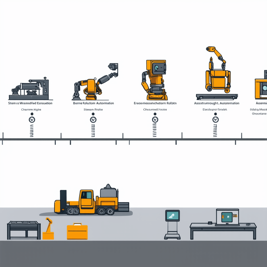 A timeline illustration showing the evolution of manufacturing automation: starting with steam engines, moving through a - The Economic Implications of AI-Driven Automation in Manufacturing