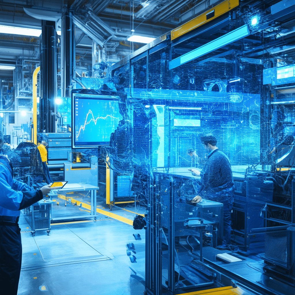 A futuristic factory floor with advanced AI systems interacting with manufacturing equipment, digital screens displaying - The Evolution of AI in Predictive Maintenance for Manufacturing