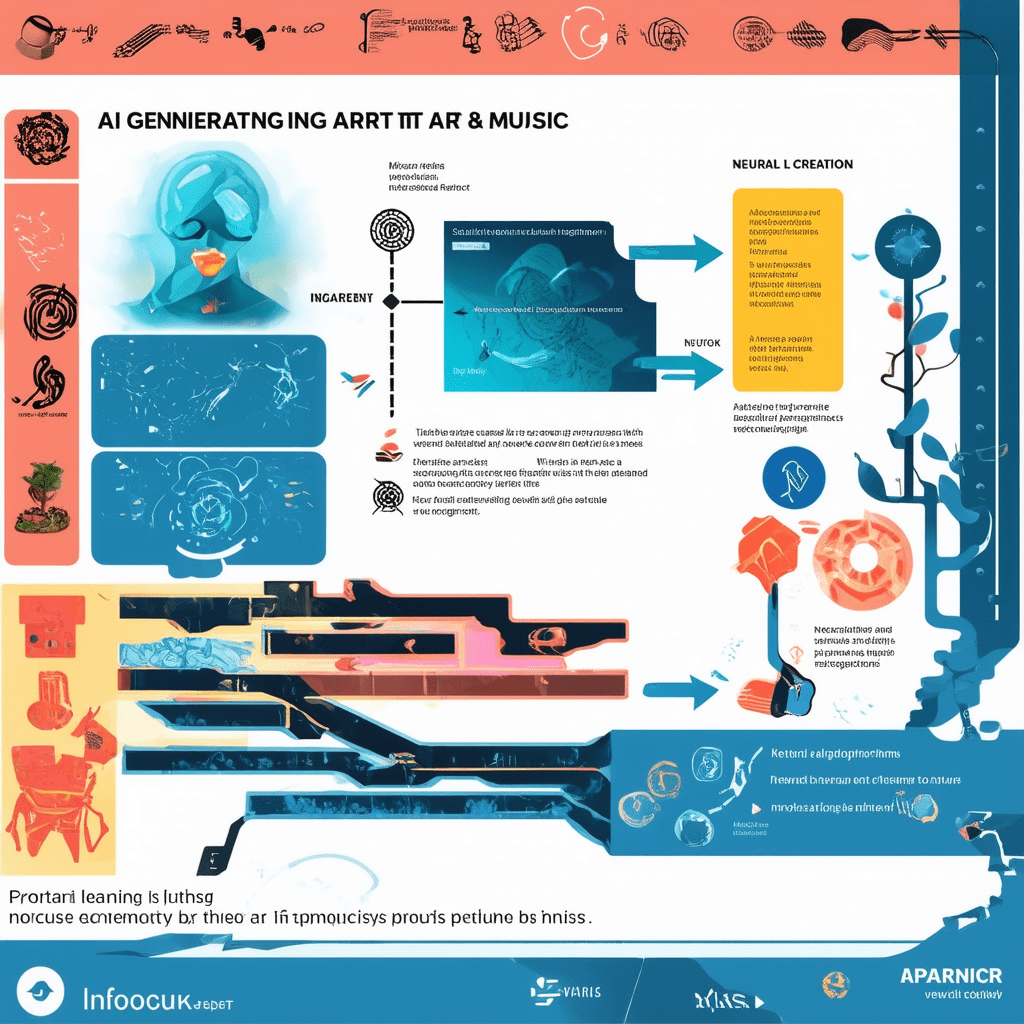 Design a compelling infographic that visually explains the process of AI generating art and music, from data analysis to - The Future of AI-Generated Art and Music