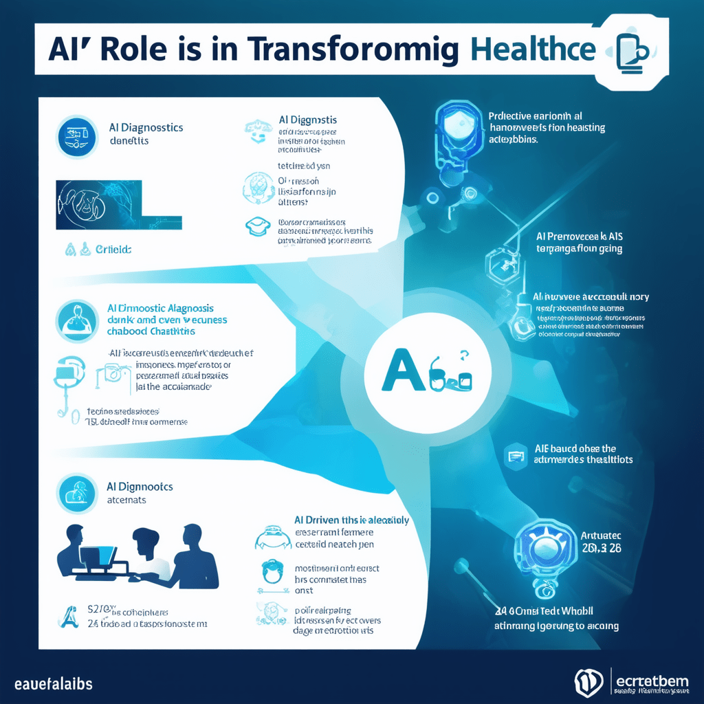 Design an infographic illustrating AI's role in transforming healthcare, highlighting key technologies such as predictiv - The Future of AI in 2025