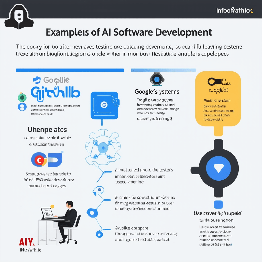 Create an infographic showing examples of AI in software development, such as GitHub's Copilot, Netflix's testing system - The Impact of AI on Software Development