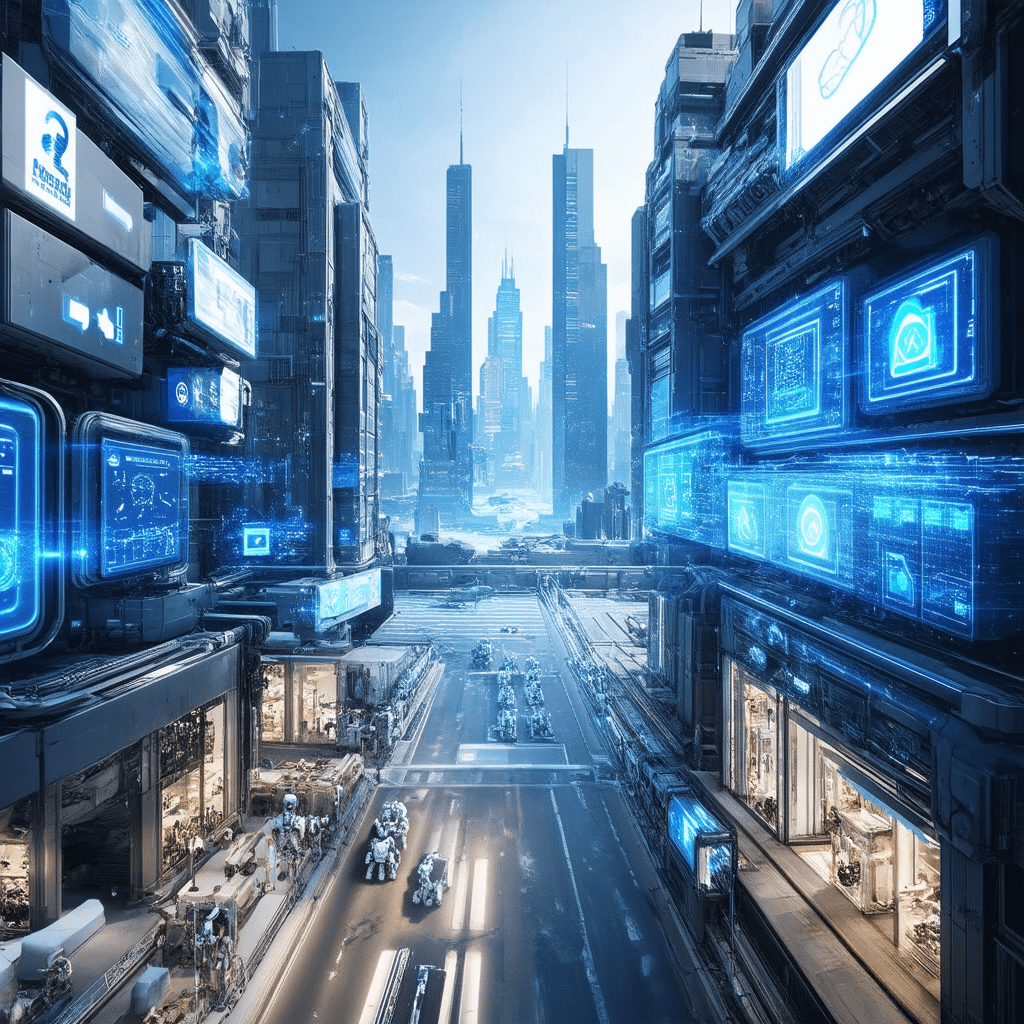 A high-quality, photorealistic image of a futuristic cityscape where AI is visibly integrated into various industry sect - The Ultimate Guide to AI in Industry Sectors