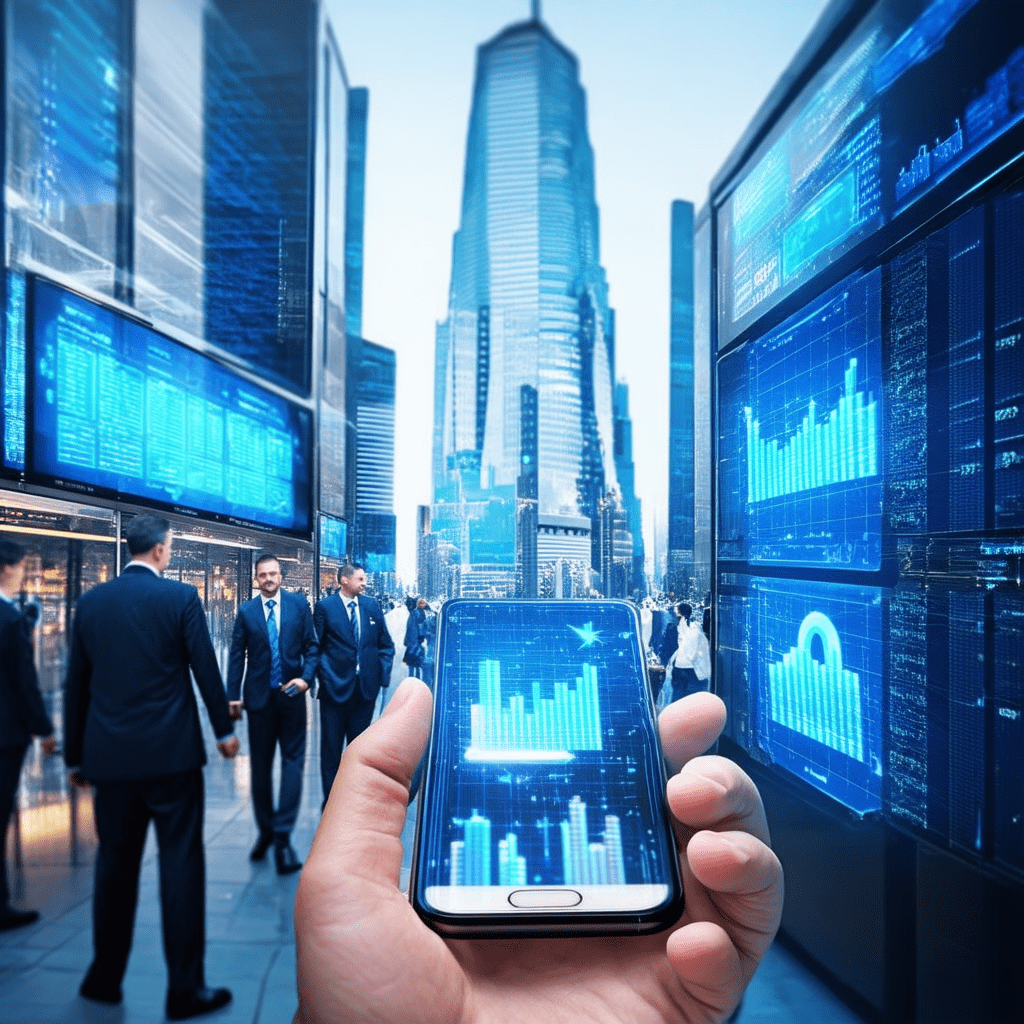 A high-quality, photorealistic image depicting AI in the finance sector. Show a bustling financial district with digital - The Ultimate Guide to AI in Industry Sectors