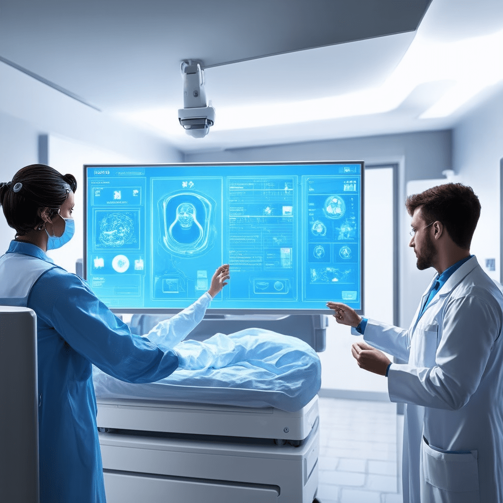 A photorealistic image of a modern hospital room where AI technology is in use. Show a doctor consulting a digital inter - The Ultimate Guide to AI in Industry Sectors
