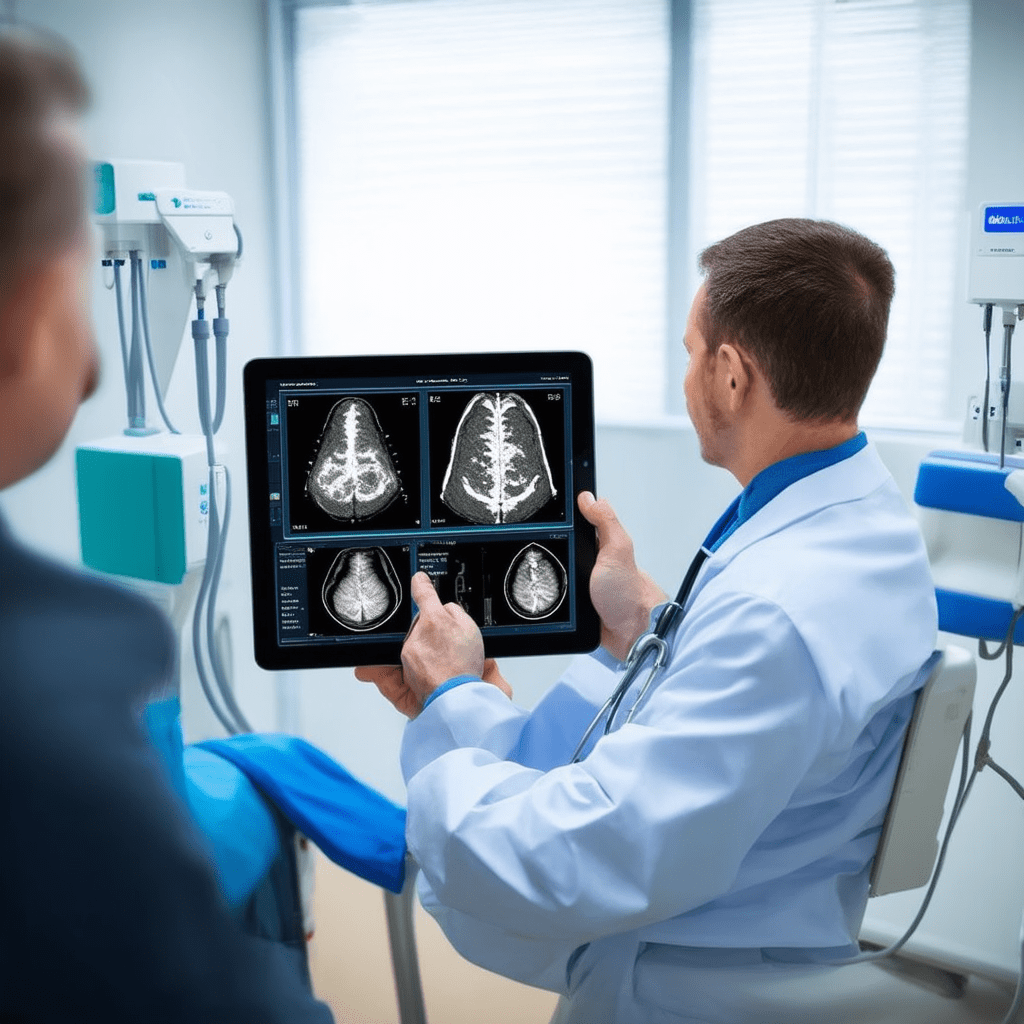 A high-quality, photorealistic image of a healthcare setting. Include a doctor using a tablet to review a patient's medi - The Ultimate Guide to Artificial Intelligence Applications