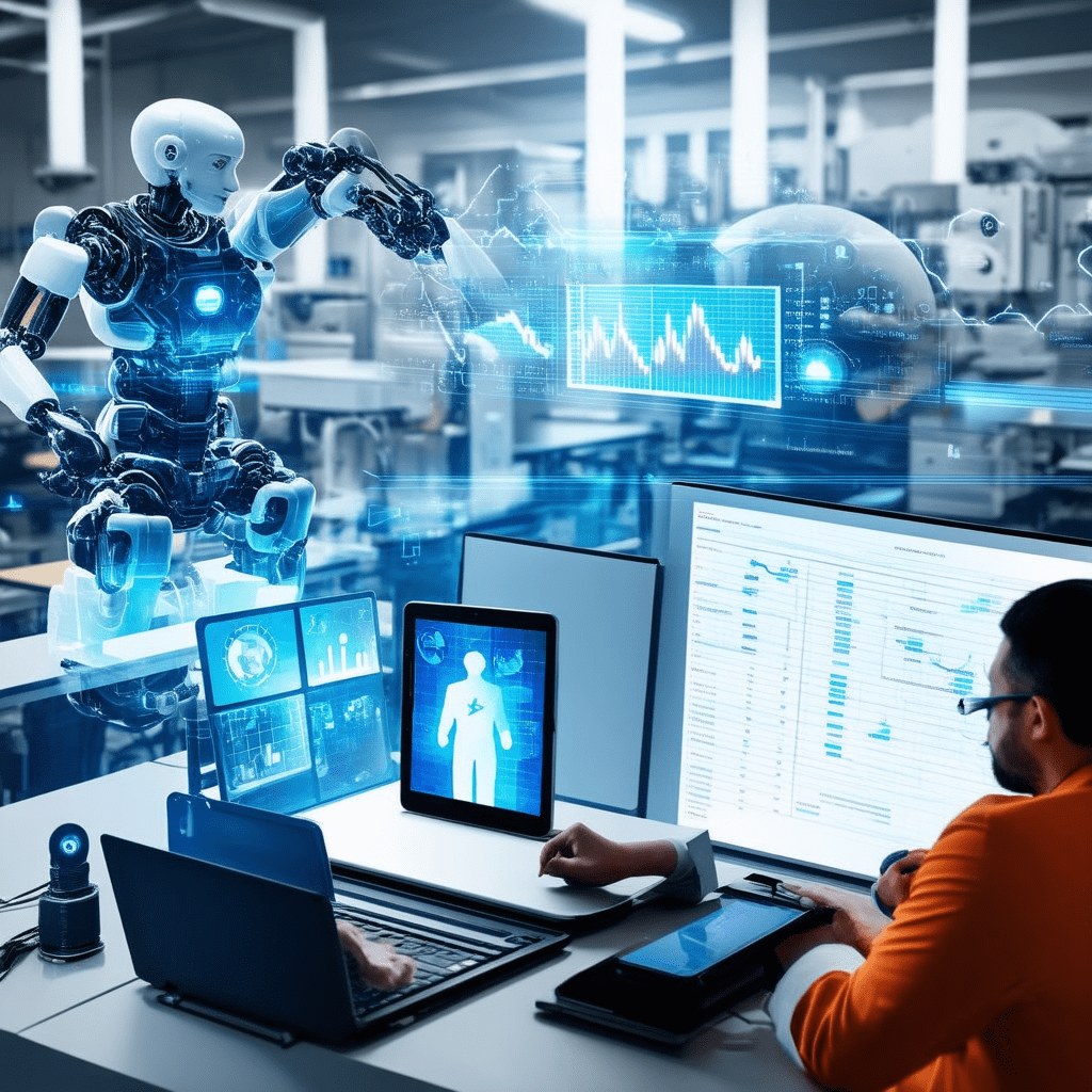 A photorealistic image depicting various artificial intelligence applications. The image should include elements like a - The Ultimate Guide to Artificial Intelligence Applications