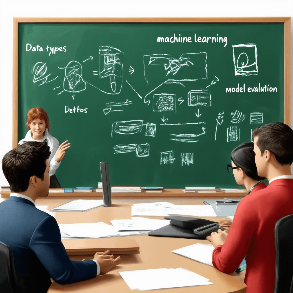 A detailed, photorealistic image depicting an educational setting with a chalkboard filled with drawings and notes expla - The Ultimate Guide to Machine Learning and Data Science