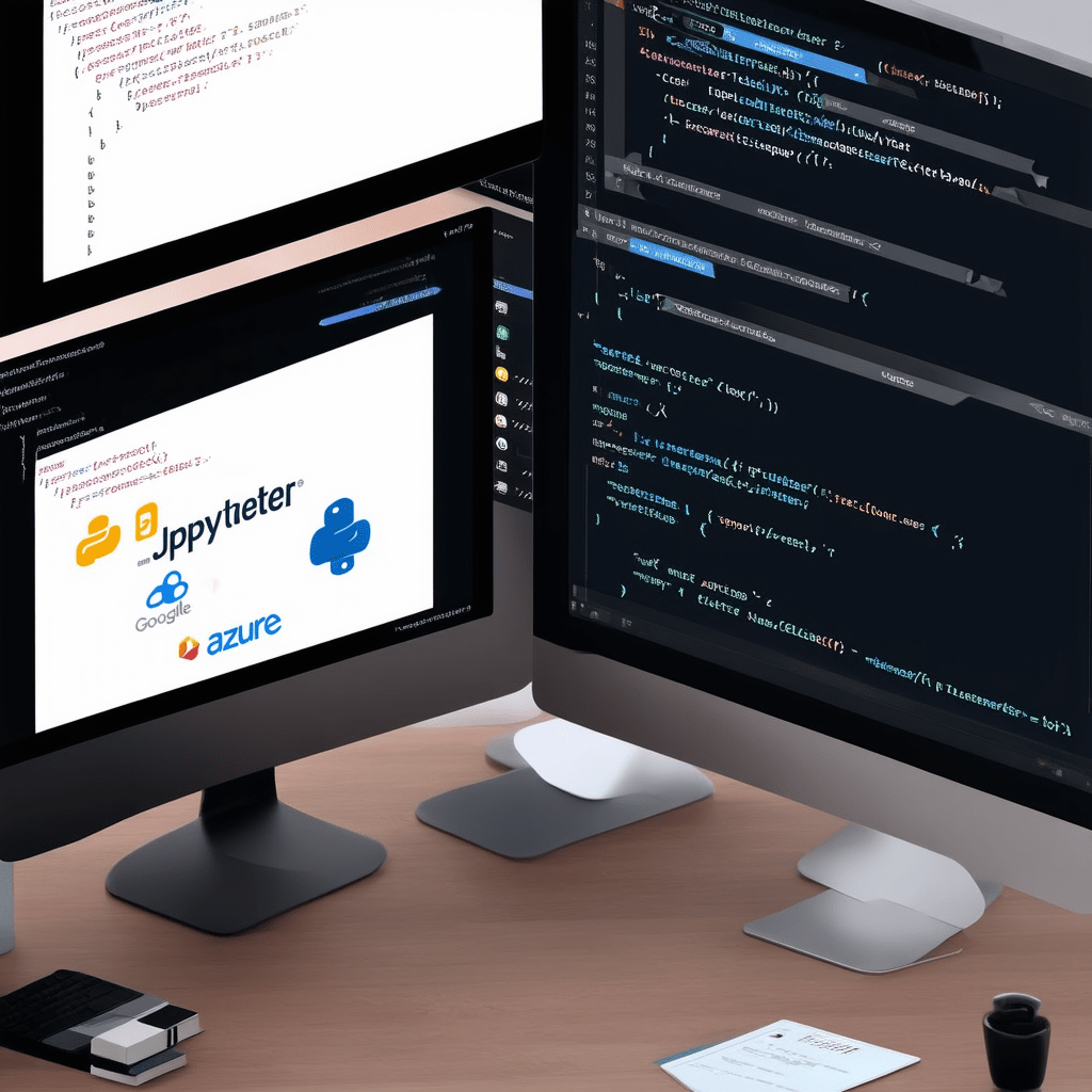 A photorealistic image showing a tech desktop setup with multiple screens displaying Python code, R script, and a Jupyte - The Ultimate Guide to Machine Learning and Data Science