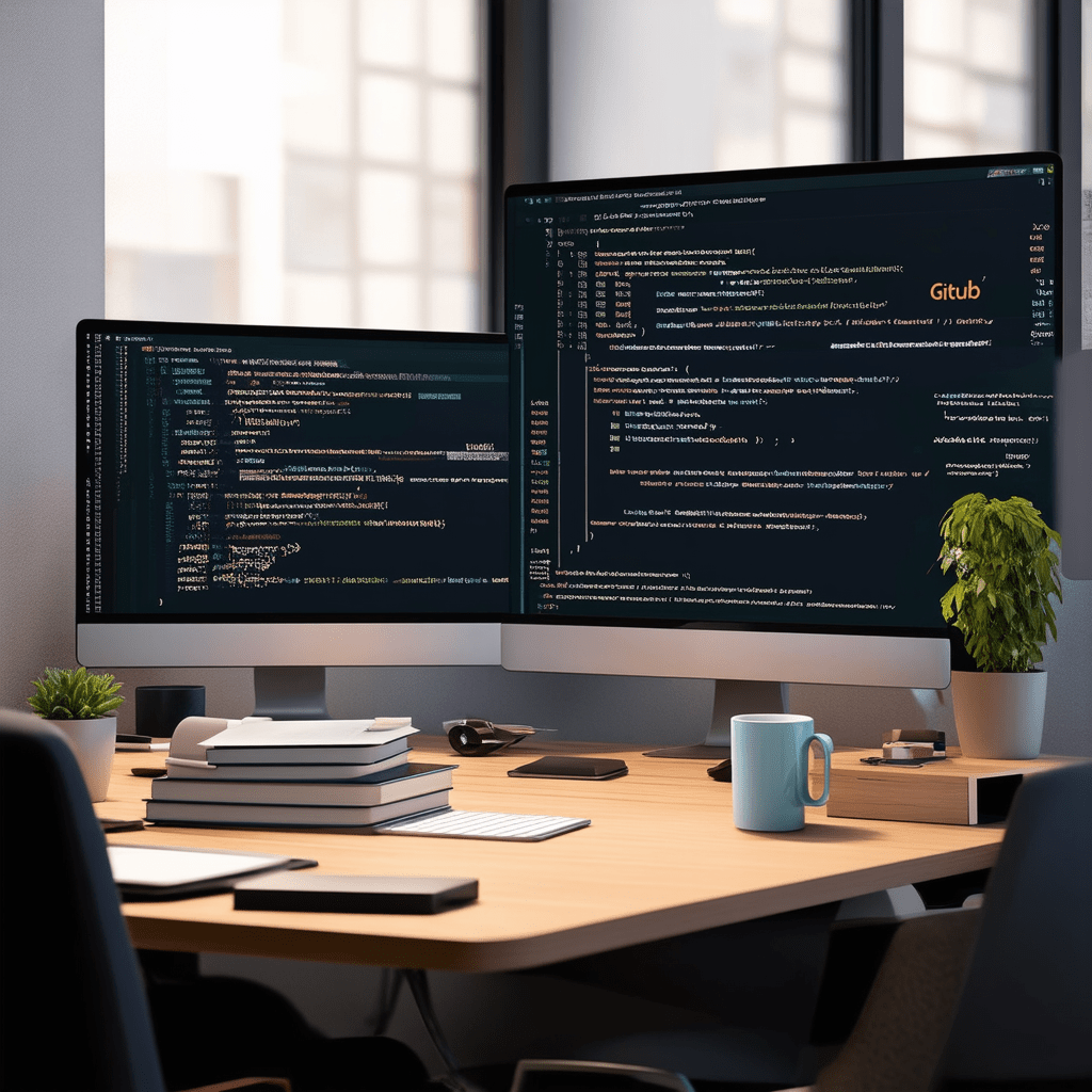 A high-quality, photorealistic image of a modern programmer's workspace. The scene includes multiple screens displaying - The Ultimate Guide to Programming and Development Tools