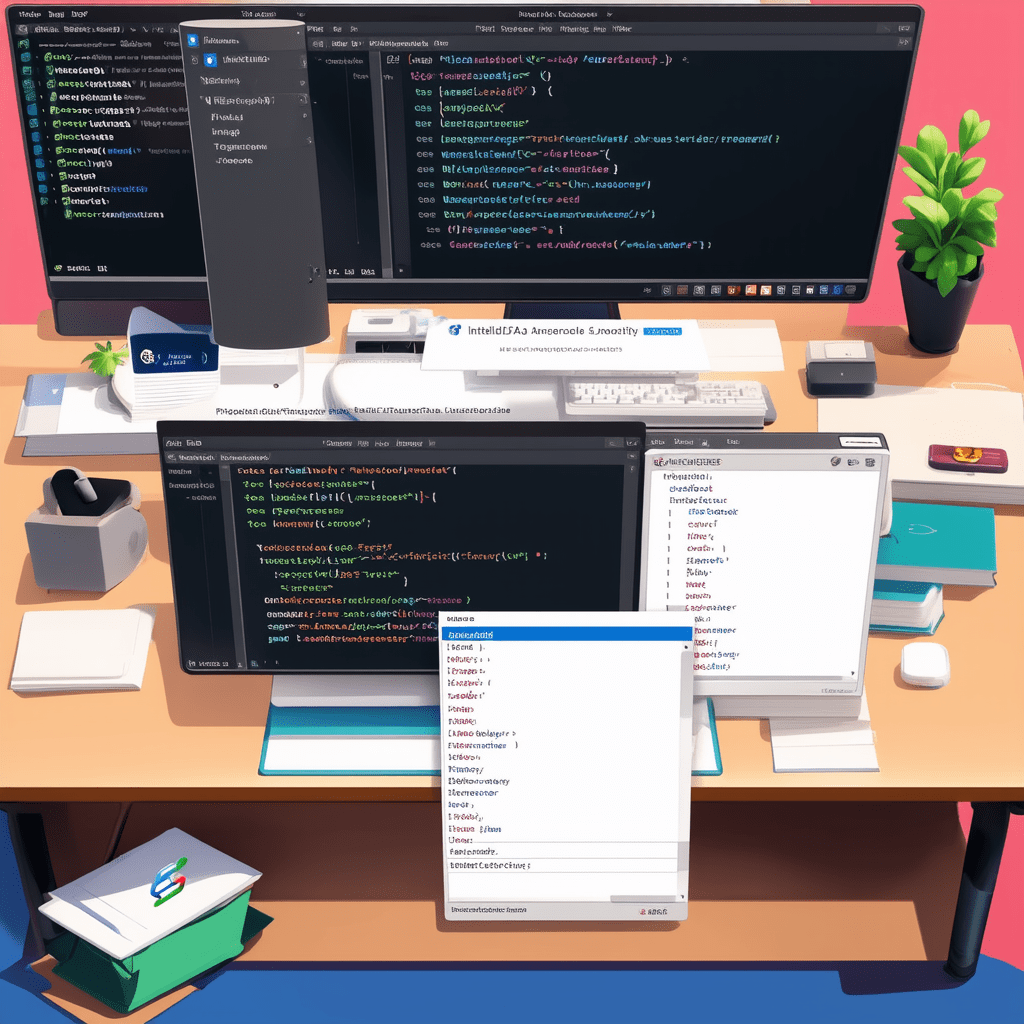 A vibrant image showcasing different IDEs on multiple screens. One screen features IntelliJ IDEA with Java code, another - The Ultimate Guide to Programming and Development Tools