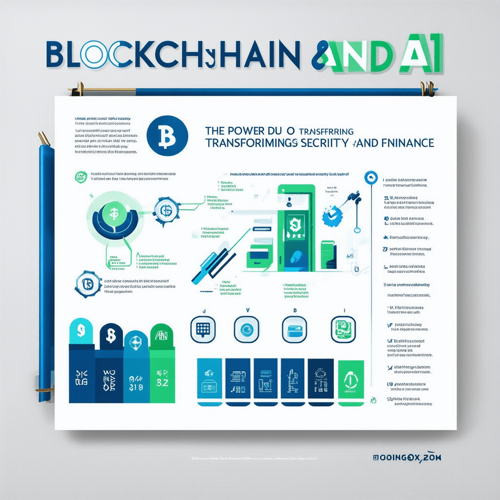 Design a visually appealing and professional infographic titled 'Blockchain and AI: The Power Duo Transforming Security - Blockchain and AI: The Power Duo Transforming Security and Finance