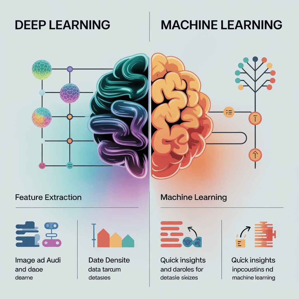 Create a detailed, informative infographic comparing deep learning and machine learning. The infographic should feature - Deep Learning vs. Machine Learning: Key Differences