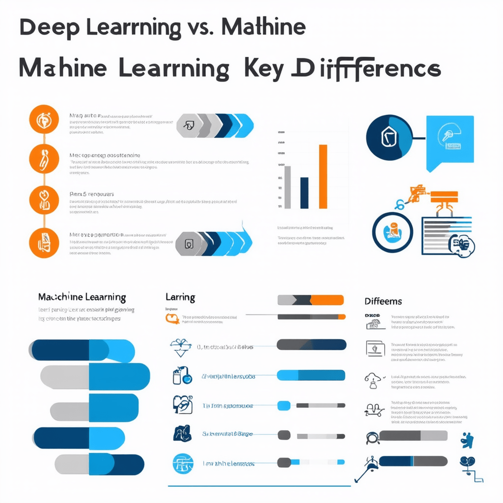 Design a visually appealing and professional infographic titled 'Deep Learning vs. Machine Learning: Key Differences'. T - Deep Learning vs. Machine Learning: Key Differences