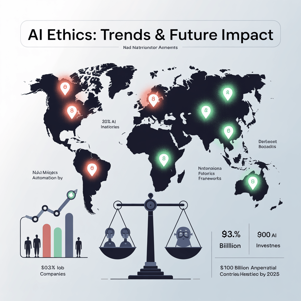 Create an infographic that illustrates key trends and predictions in AI ethics and its future impact. Include visuals su - The Ultimate Guide to AI Ethics and Future Predictions