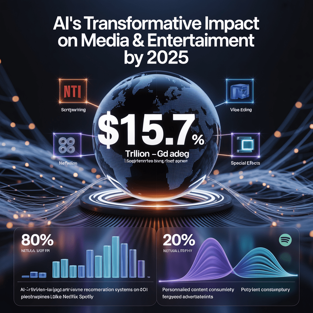 Create an infographic that showcases the transformative impact of AI on the media and entertainment industry by 2025. Th - The Ultimate Guide to AI in Media and Entertainment