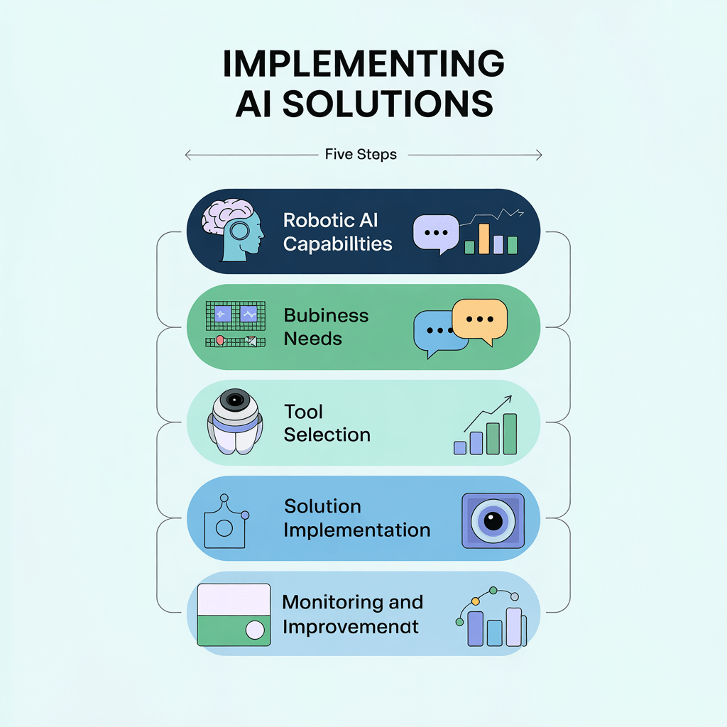 Create an infographic that guides the viewer through the steps of implementing AI tools and applications. Use a vertical - The Ultimate Guide to Artificial Intelligence Applications