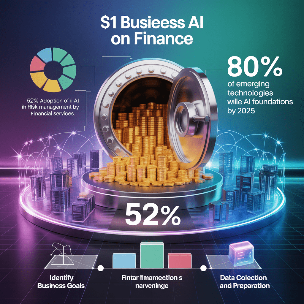 Create an infographic visualizing the transformative impact of AI in business and finance. Include a global bank vault s - The Ultimate Guide to Artificial Intelligence in Business and Finance