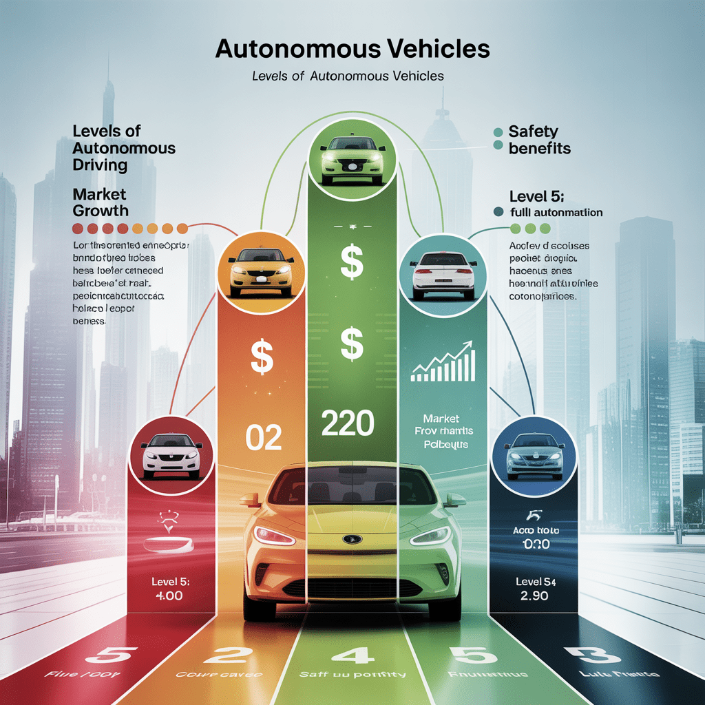Create an infographic that visually represents the data on autonomous vehicles, showcasing three main sections: 1. The L - The Ultimate Guide to Autonomous Vehicles and Self-Driving Technology