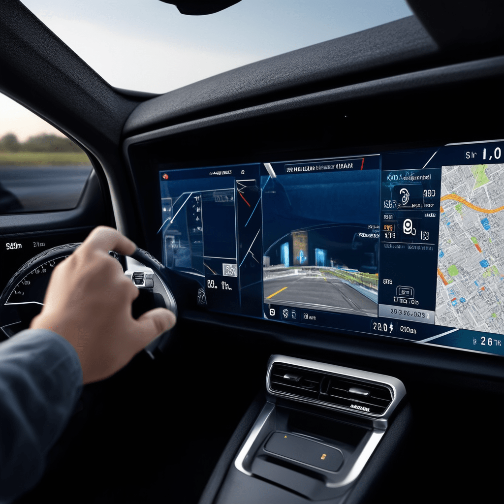 Design a detailed, photorealistic image showing the interior of a self-driving car's cockpit. Display a dashboard with s - The Ultimate Guide to Autonomous Vehicles and Self-Driving Technology