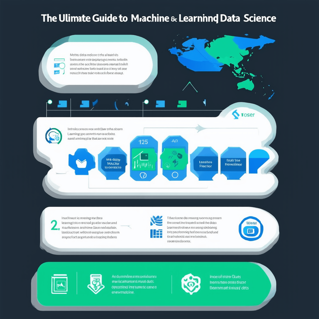 Create a visually appealing, professional infographic titled 'The Ultimate Guide to Machine Learning and Data Science.' - The Ultimate Guide to Machine Learning and Data Science