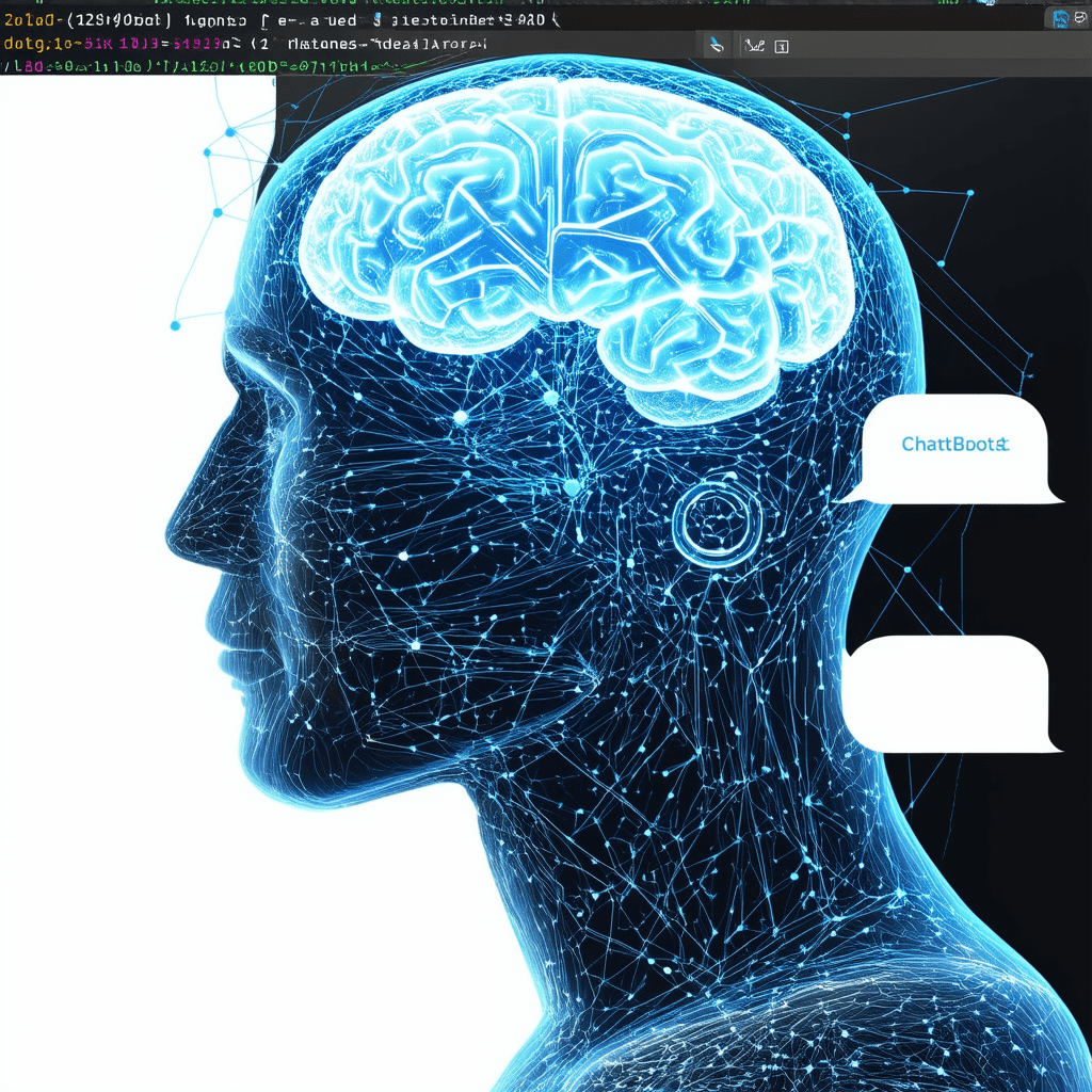 A detailed depiction of an AI chatbot's internal workings, showing a digital brain with neural networks, lines of code, - Exploring the Benefits of AI Chatbots for Business Efficiency