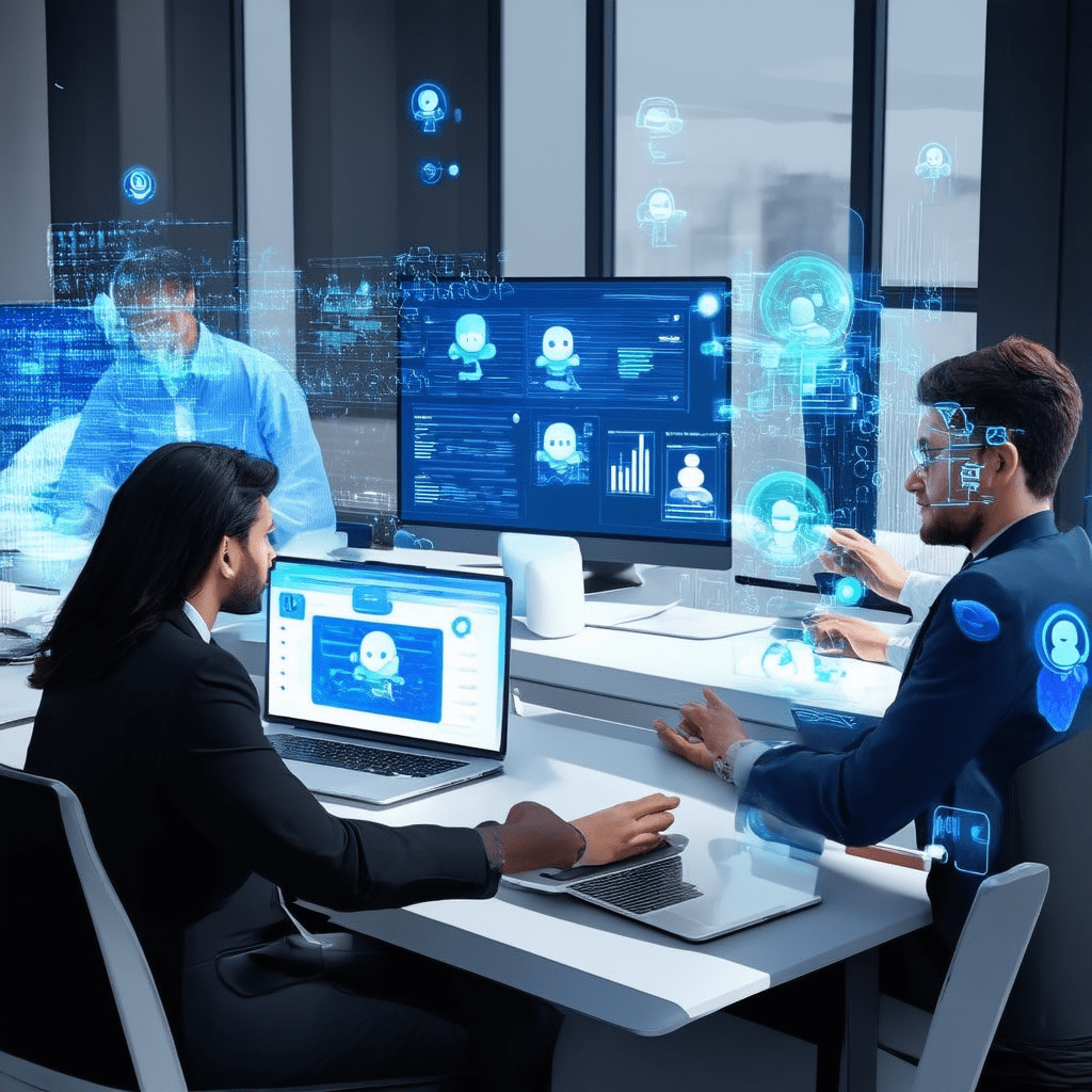 A photorealistic image of a modern office environment with employees interacting with AI chatbots on computers and mobil - Exploring the Benefits of AI Chatbots for Business Efficiency