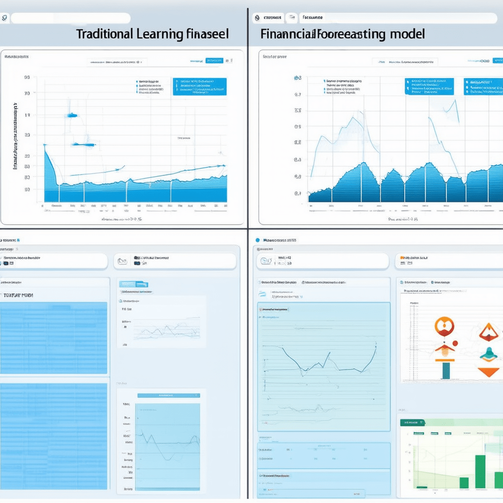 A detailed visualization comparing traditional and machine learning-based financial forecasting models. On one side, dep - The Role of Machine Learning in Financial Forecasting and Analysis