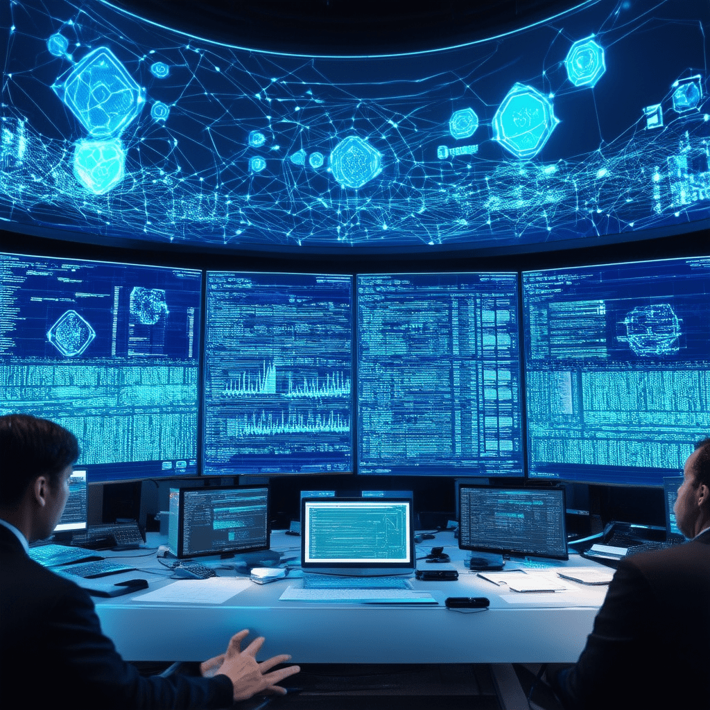A futuristic financial control room with machine learning algorithms visualized on large screens. The image shows intric - The Role of Machine Learning in Financial Forecasting and Analysis