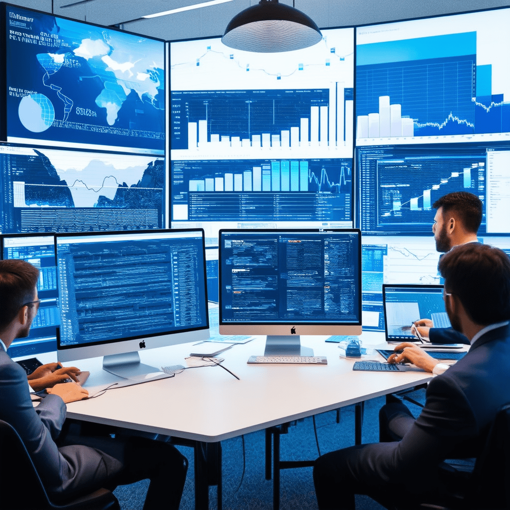 A high-tech financial office where data scientists and financial analysts are collaborating. The scene should depict mul - The Role of Machine Learning in Financial Forecasting and Analysis