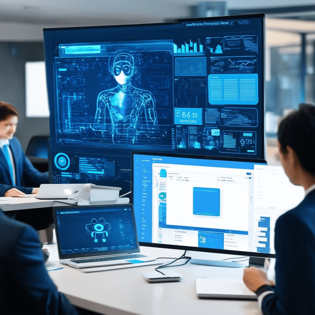 A busy financial office with multiple AI-powered tools in action. Screens display machine learning algorithms analyzing - AI Solutions for Streamlining Financial Operations and Reducing Costs