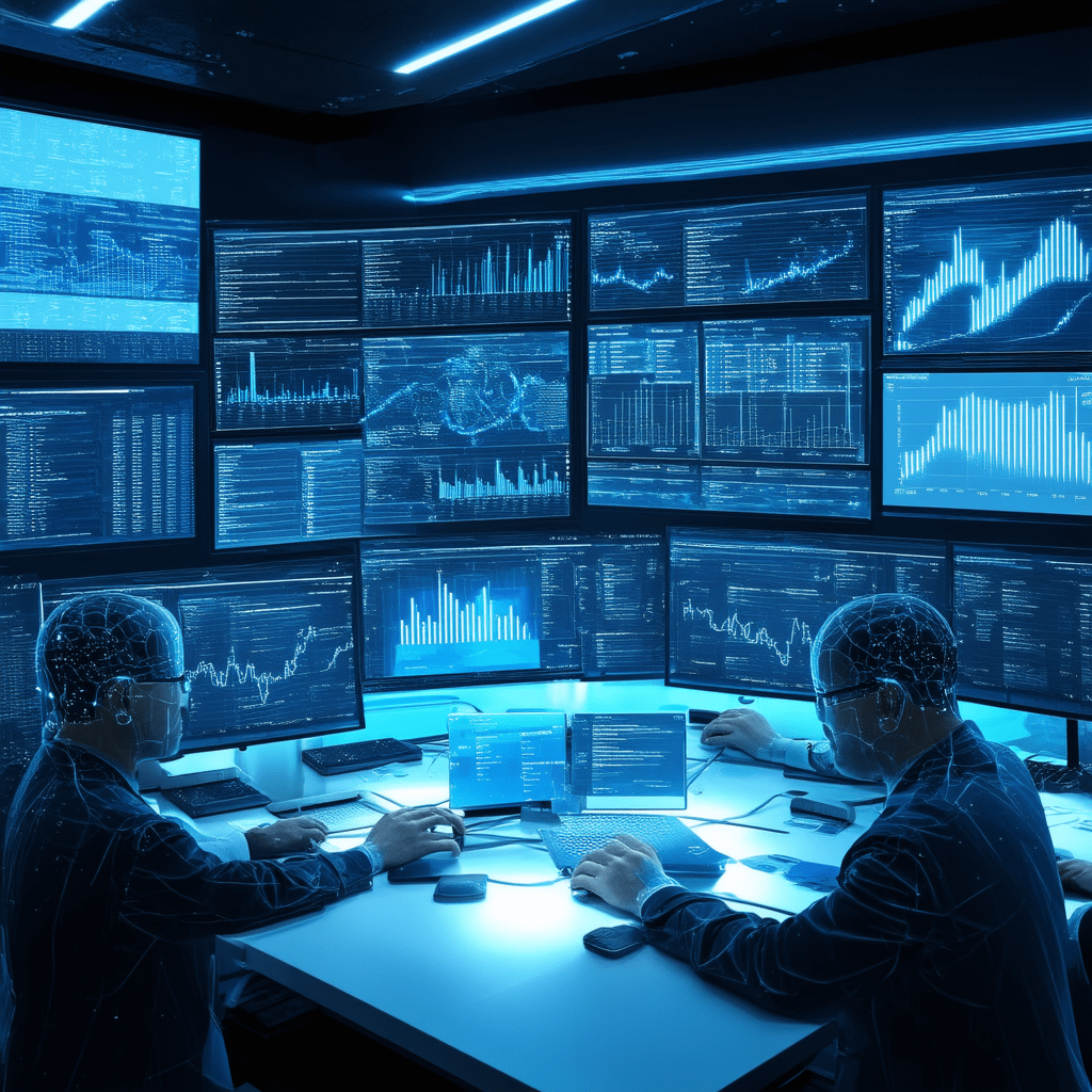 A futuristic financial operations center with AI systems at work. Intelligent automation software monitors financial pro - AI Solutions for Streamlining Financial Operations and Reducing Costs