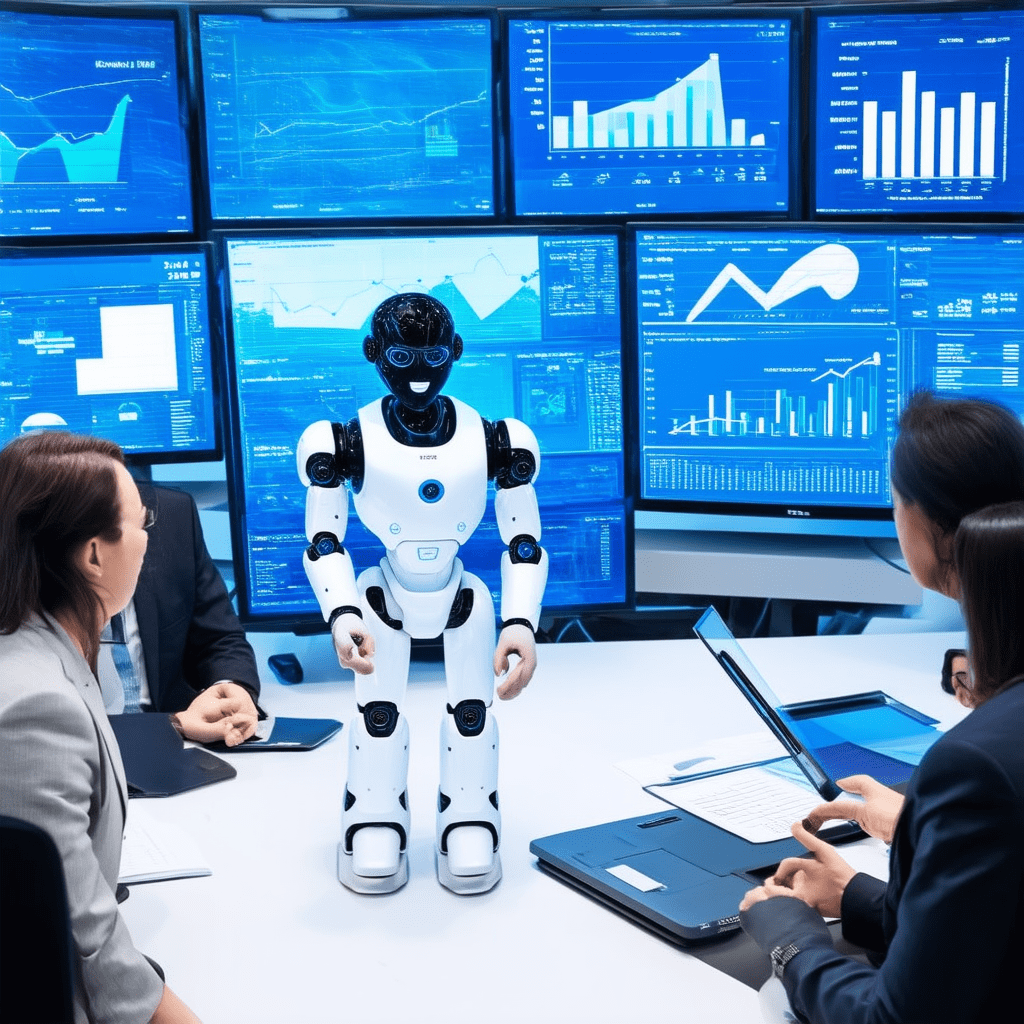 A high-tech, futuristic office environment filled with digital screens displaying financial data and analytics. In the f - AI Solutions for Streamlining Financial Operations and Reducing Costs