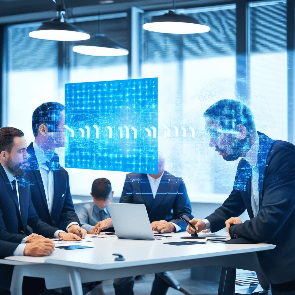 A high-tech bank office with AI-powered systems at work. The scene includes digital interfaces showing data analysis, a - Leveraging Artificial Intelligence for Risk Management in Banking