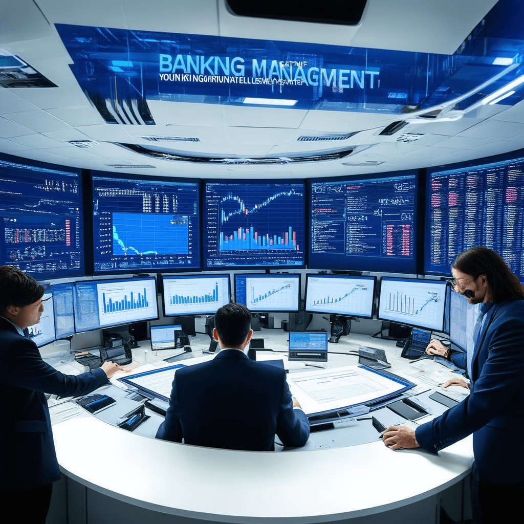 An image depicting the complexities of banking risk management, featuring a futuristic control room with digital screens - Leveraging Artificial Intelligence for Risk Management in Banking