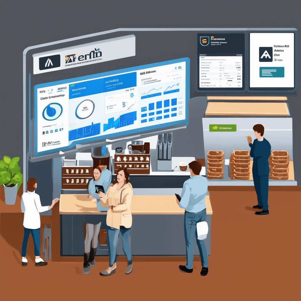 A bustling small business environment with digital elements, showing AI integration. The scene includes a small coffee s - Small Business Applications: How AI Can Drive Growth and Innovation